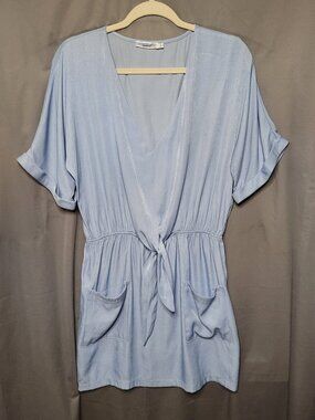 Inmod Powder Blue V-Neck Mini Dress with Front Tie & Pockets